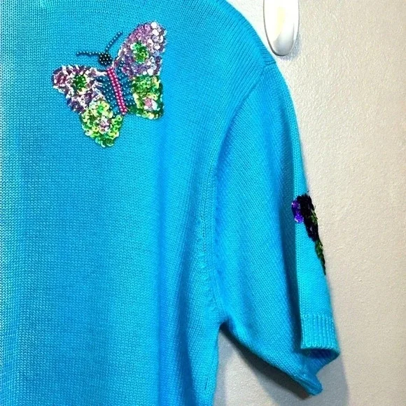 TERAZZO Women’s Vintage Fully Embellished S/S Sweater MED 55% Ramie 45% Cotton - Picture 7 of 8
